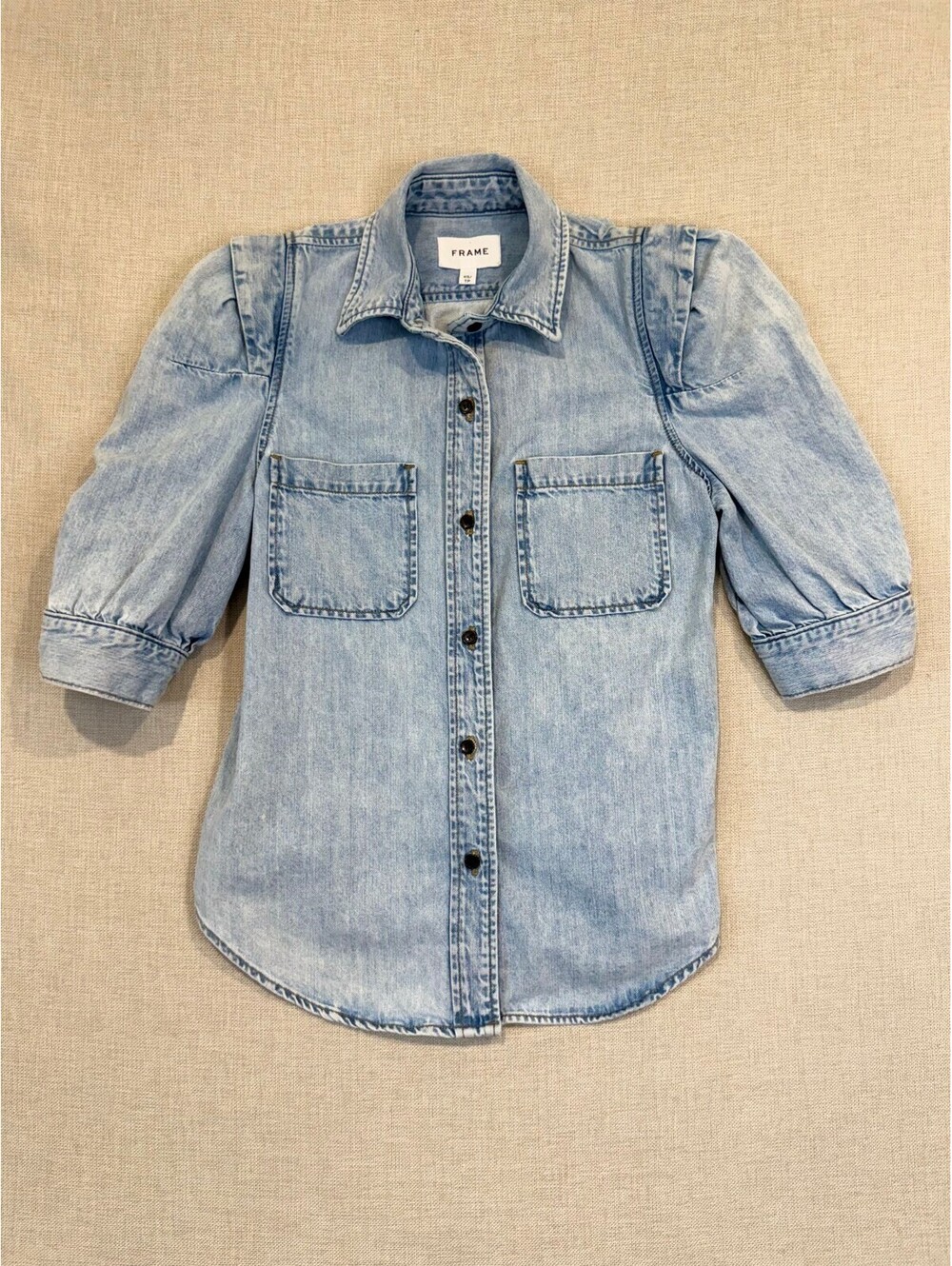 FRAME Ruched Puff Sleeve Denim Shirt: Size XS / TP